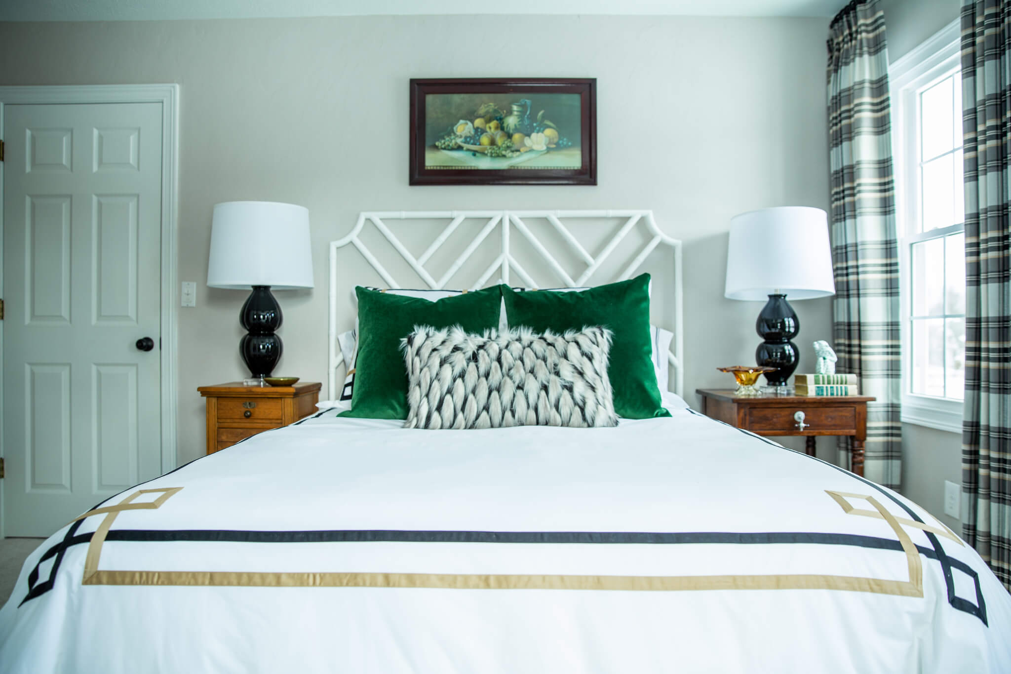 Custom Bedding with Green Pillows Guest Bedroom Eclectic Interiors