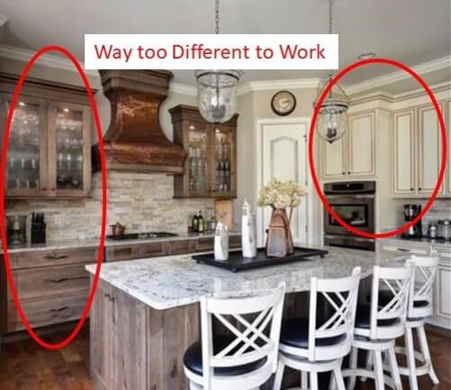 Kitchen Space Before with different cabinet styles that don't blend together