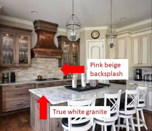 Kitchen Space Before with A true white, cool-toned counter, which does not play nice with the pink beige back splash